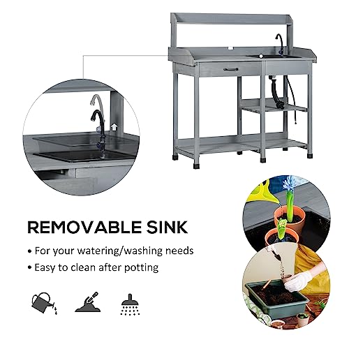 Wooden Potting Bench Table with Sink and Drawer C3863