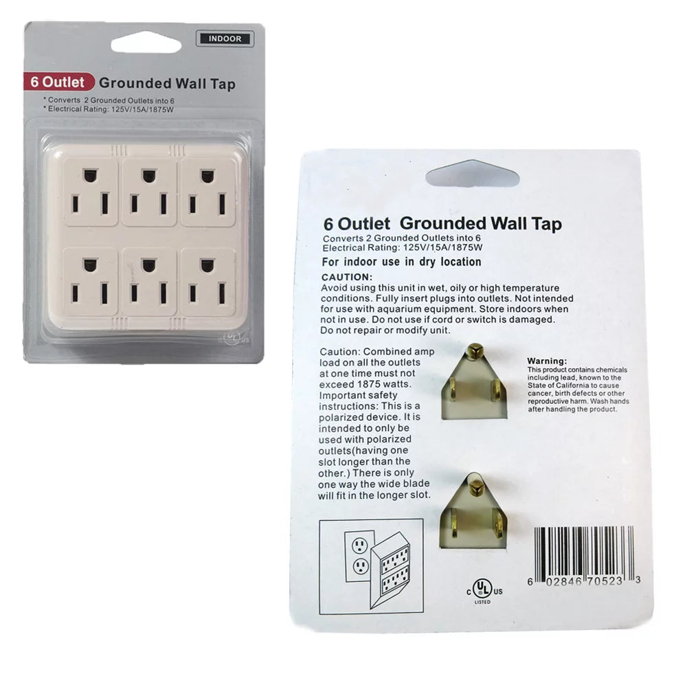 2Pc 6 Way Wall Outlet Tap AC 125V Power Adapter B203