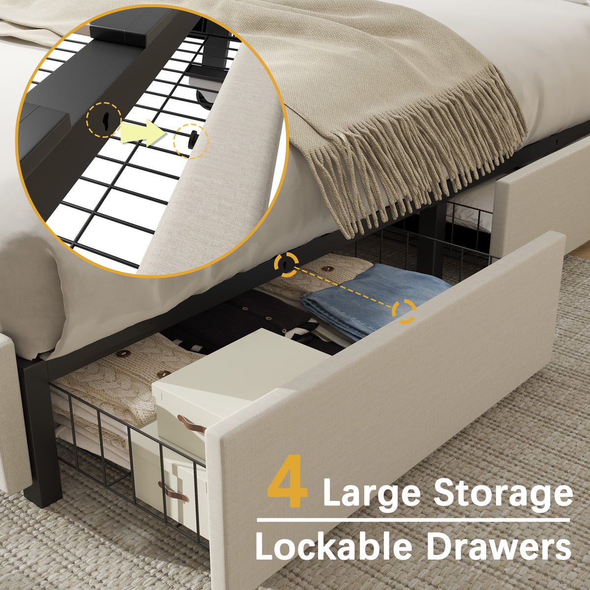 Queen Size Upholstered Storage Bed Frame with 4 Drawers C390907