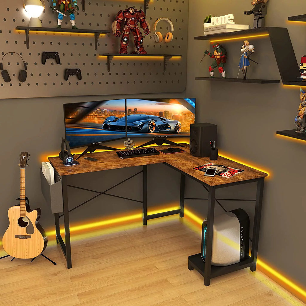 L Shaped 49 Inch Computer Desk with Storage Bag CPU Stand Rustic Brown B4109