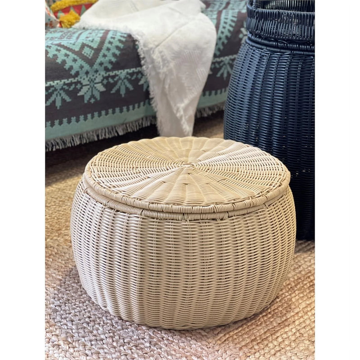 Wicker Rattan Storage Footstool Q48875