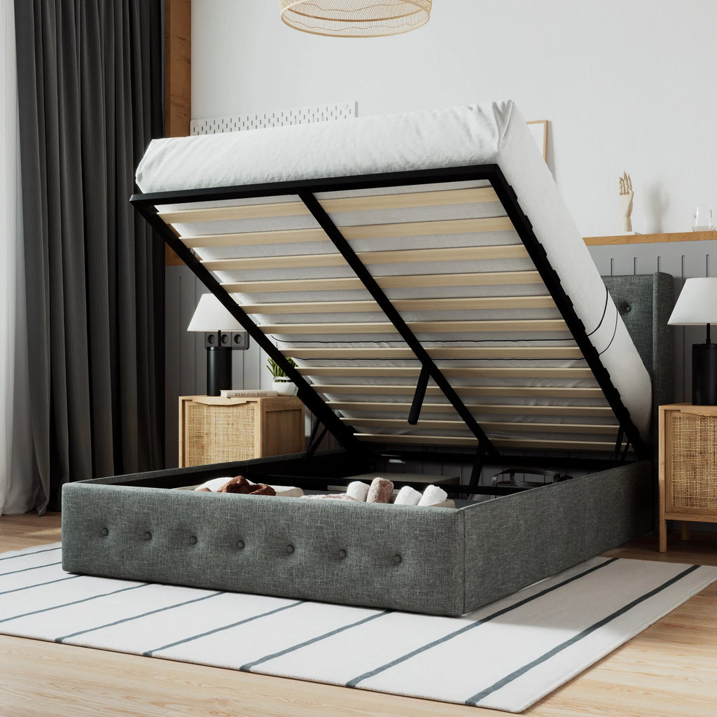 Beige Queen Size Lift Up Platform Bed Frame with Headboard N967
