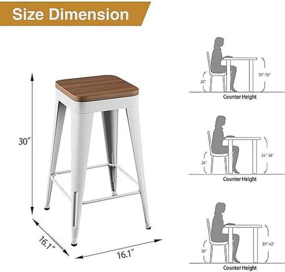 Set of 4 Metal Counter Height Stools with Back and Wooden Seat S402