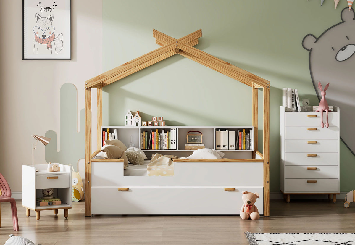 White Full Size Wooden House Bed with Trundle and 6-Drawer Chest L261517