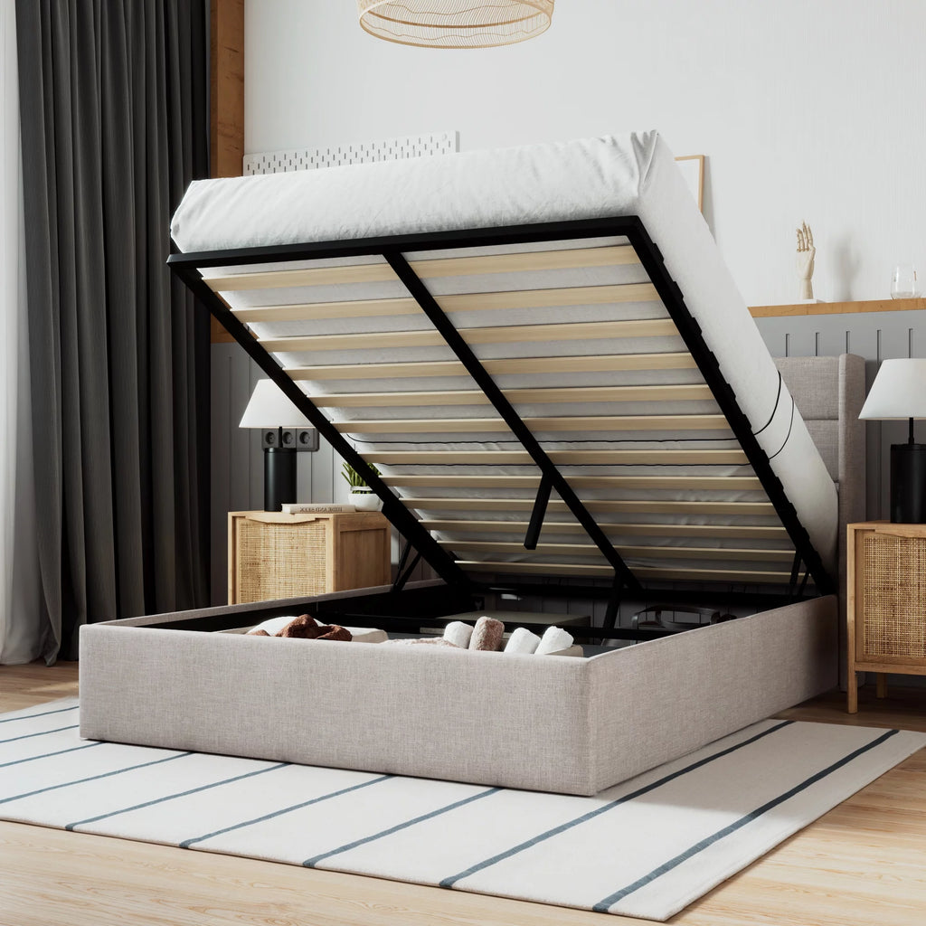 Beige Queen Size Lift Up Platform Bed Frame with Headboard N967