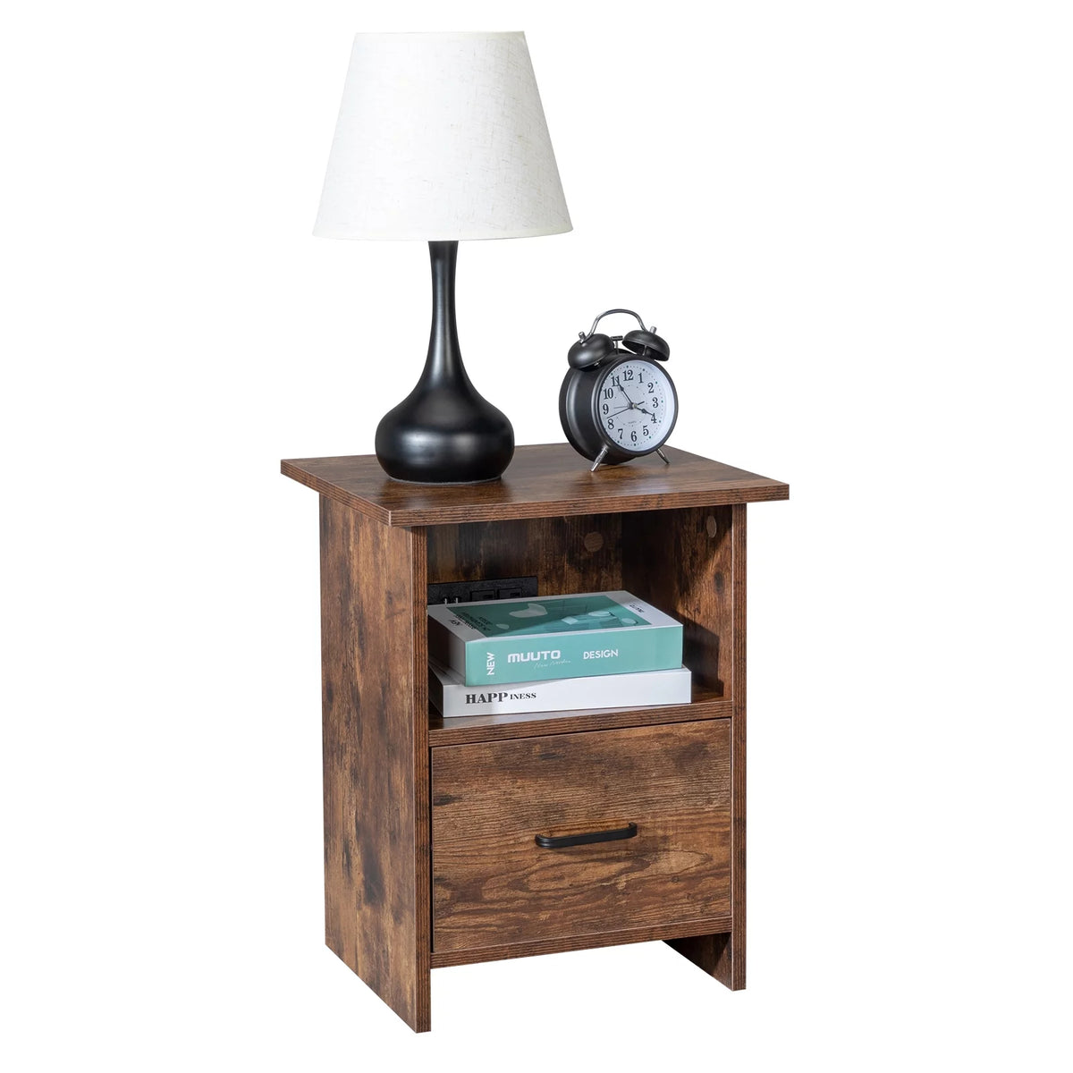 Vintage Nightstand with Charging Station, Industrial Bedside Cabinet D376