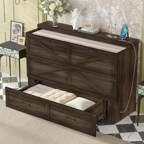 Queen Murphy Bed Chest with Charging Station and Storage Drawer Z91370