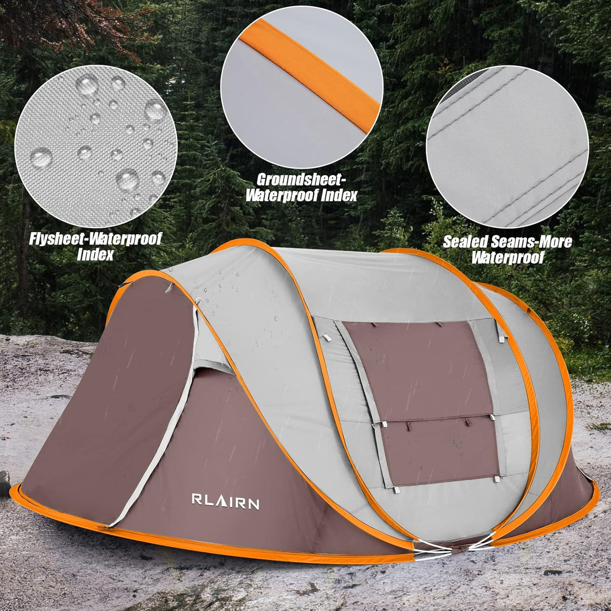 4 Person Pop Up Tent with 2 Mesh Windows & Doors Waterproof Brown V179689
