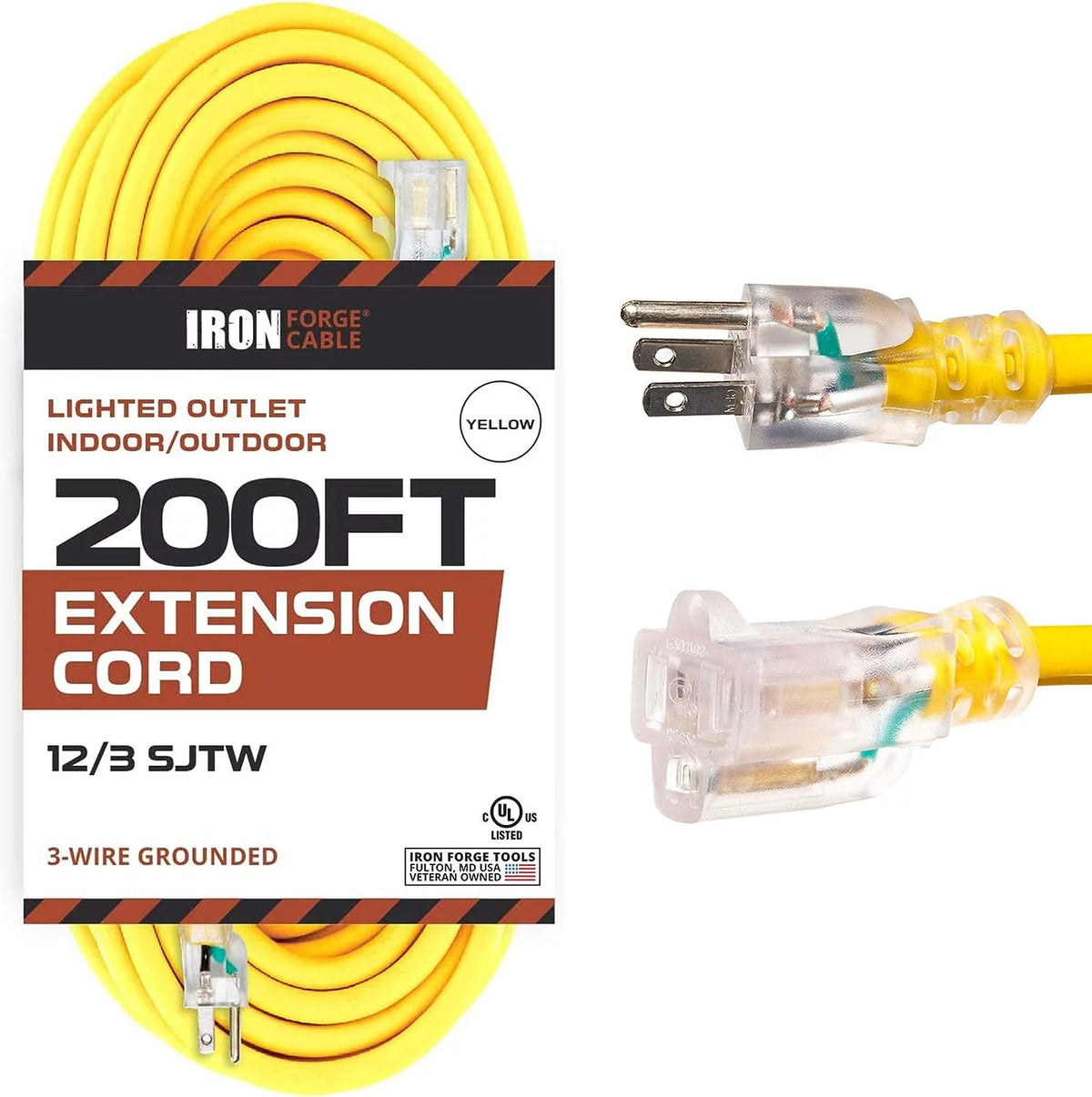 200 Foot Lighted Outdoor Extension Cord 12/3 SJTW Heavy Duty Yellow U940