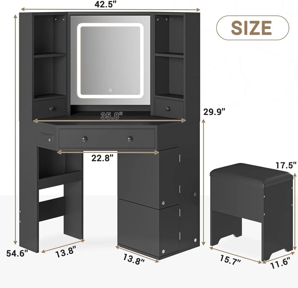 Black Makeup Desk with Lighted Mirror and Charging Station U266364