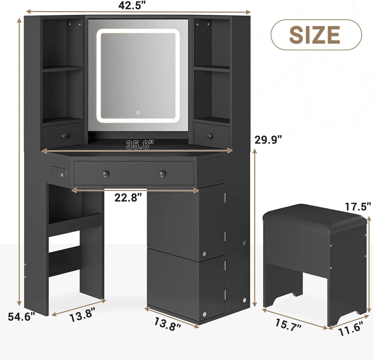 Black Makeup Desk with Lighted Mirror and Charging Station U266364
