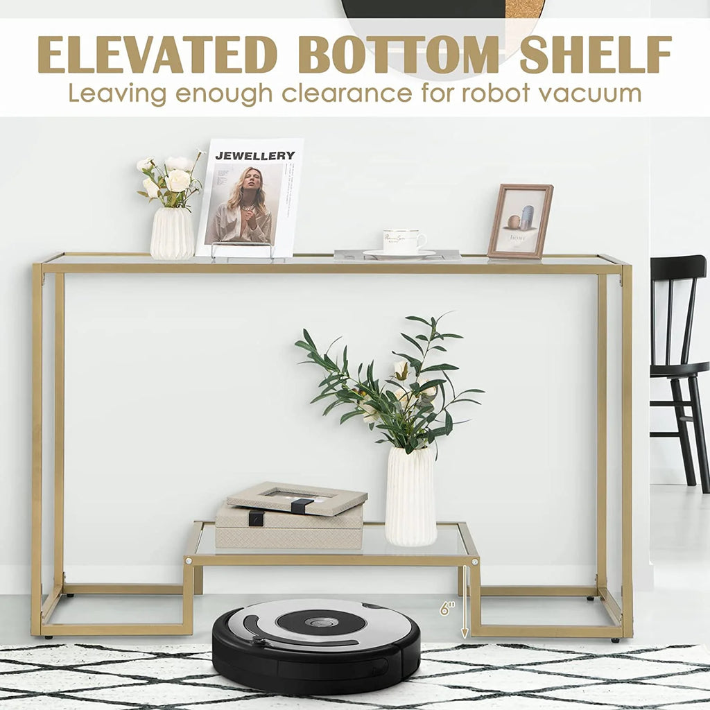 48” 2-Tier Console Table with Tempered Glass Tabletop & Golden Metal Frame X383