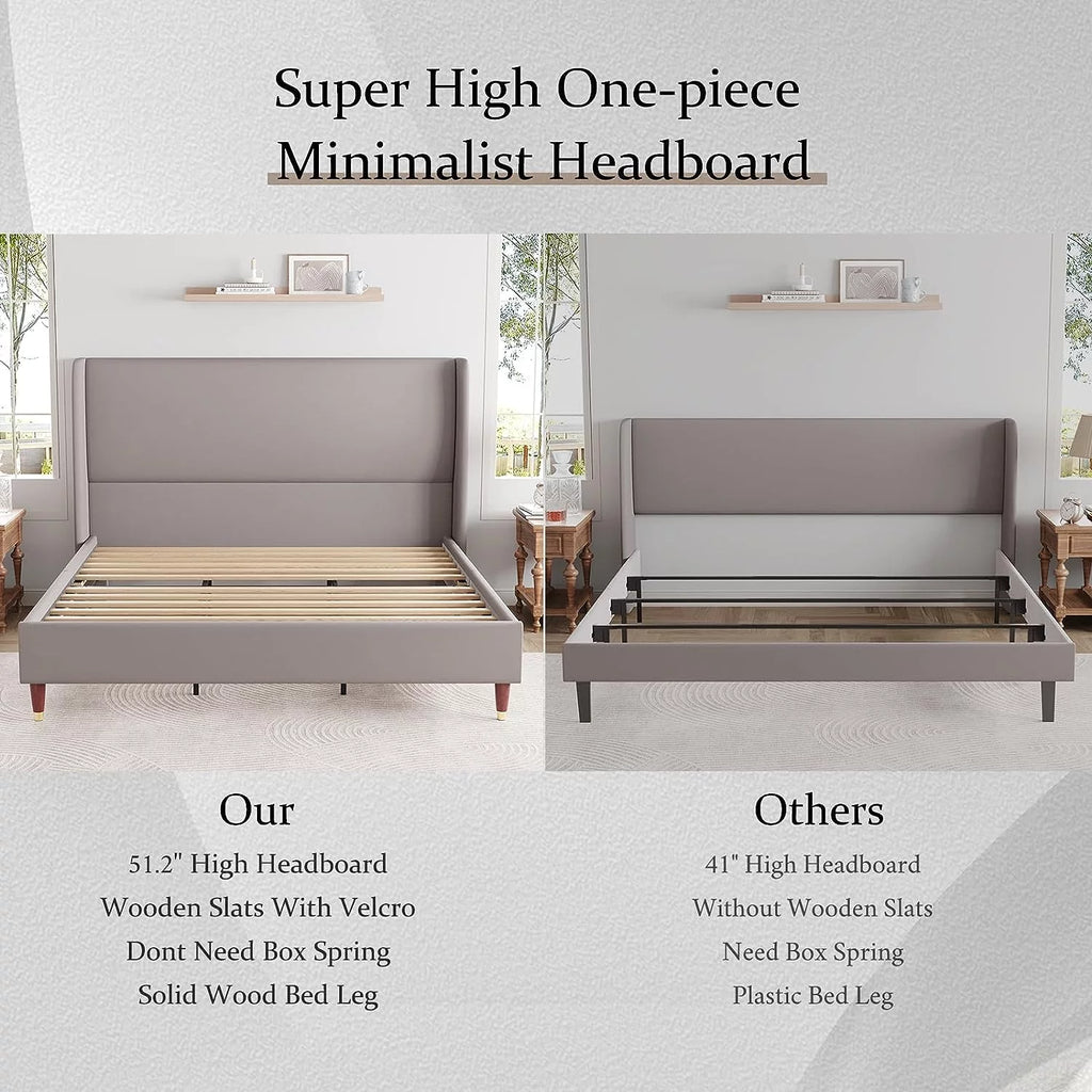 King Size White Linen Upholstered Platform Bed with Wingback Headboard Z402