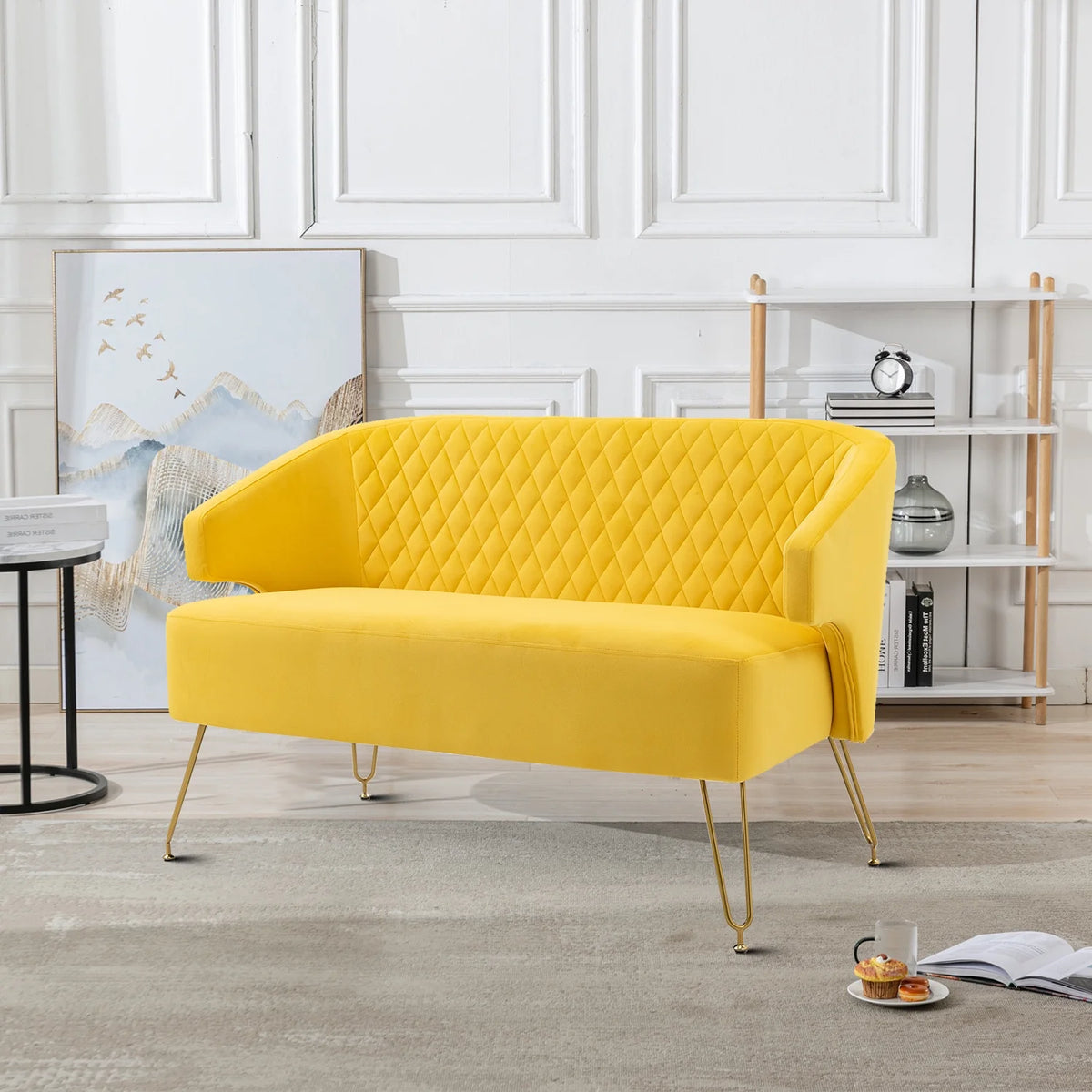 Yellow Velvet Upholstered Loveseat Sofa with Metal Legs Q550314