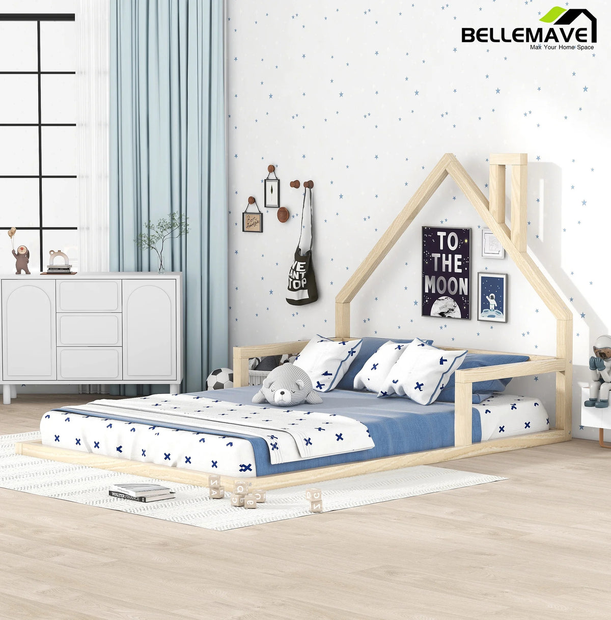 Full Size Wood Floor Bed with House-shaped Headboard and Rails P9355