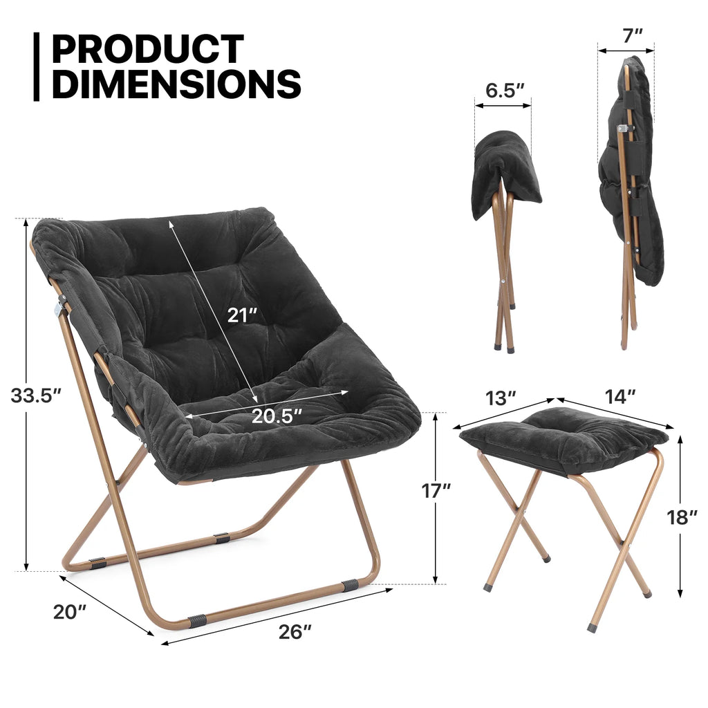 Black Faux Fur Folding Saucer Chair and Ottoman Set of 2 M492