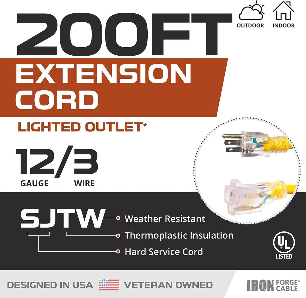 200 Foot Lighted Outdoor Extension Cord 12/3 SJTW Heavy Duty Yellow U940