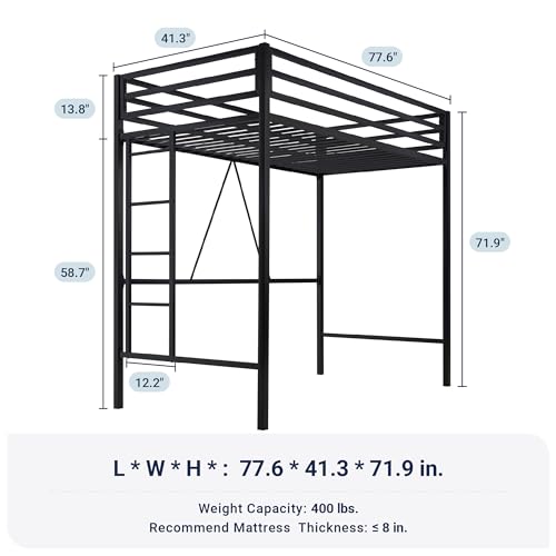 Black Twin Size Metal Loft Bed with Guardrail and Ladder V466722