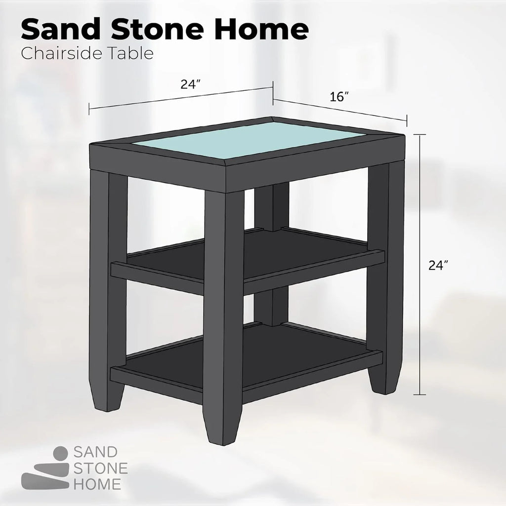 Black Glass Top Solid Wood End Table U235152
