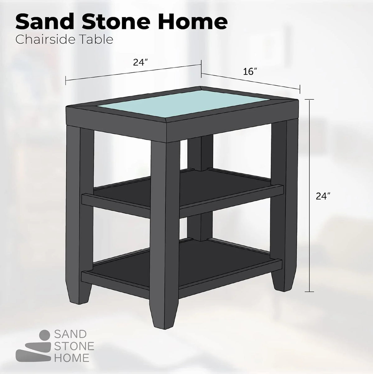 Black Glass Top Solid Wood End Table U235152