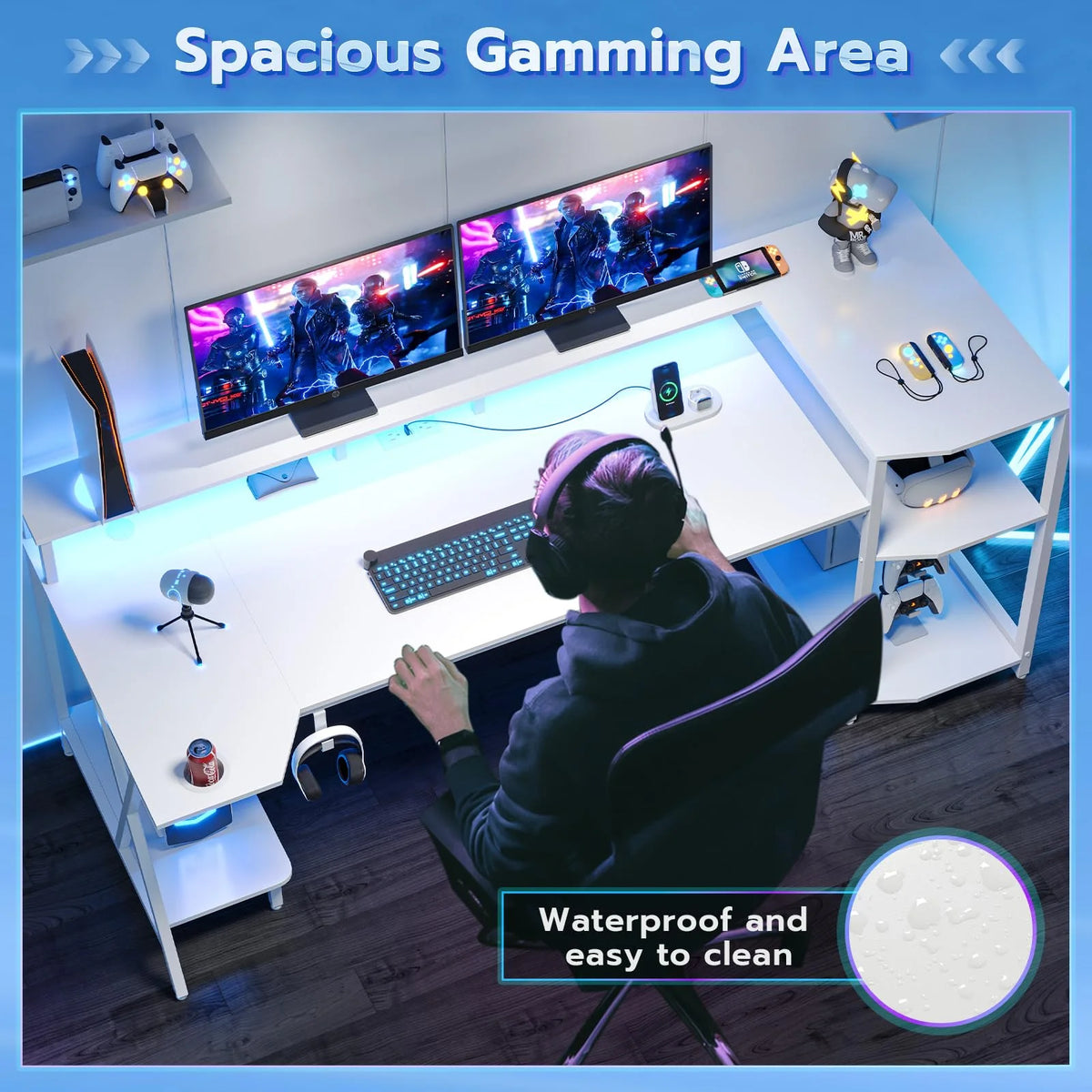 White Gaming Desk with LED Lights and Storage Shelves I49709