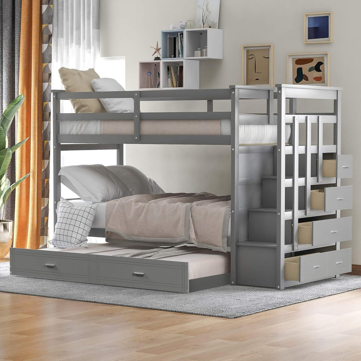 Twin Over Twin Wood Bunk Bed with Trundle and Staircase N742