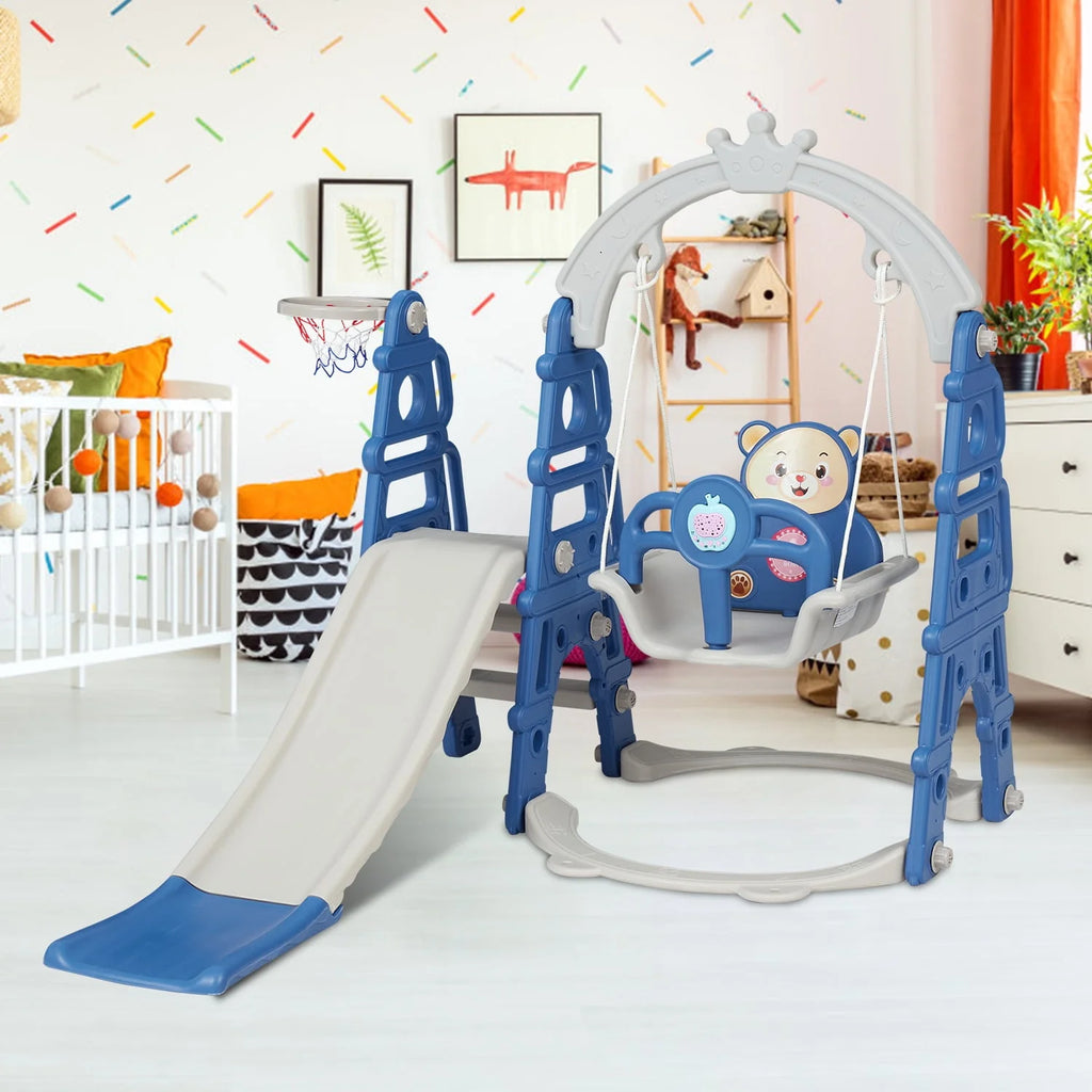 Blue Kids 5-in-1 Slides Climbing Swing Set R84304