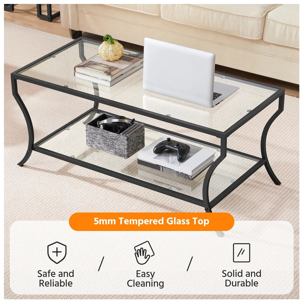 Black 2-tier Tempered Glass Coffee Table with Iron Frame C137