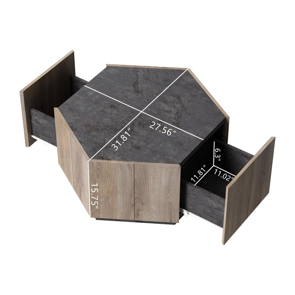 Hexagonal Coffee Table with 2 Drawers, Textured Black Warm Oak G8604
