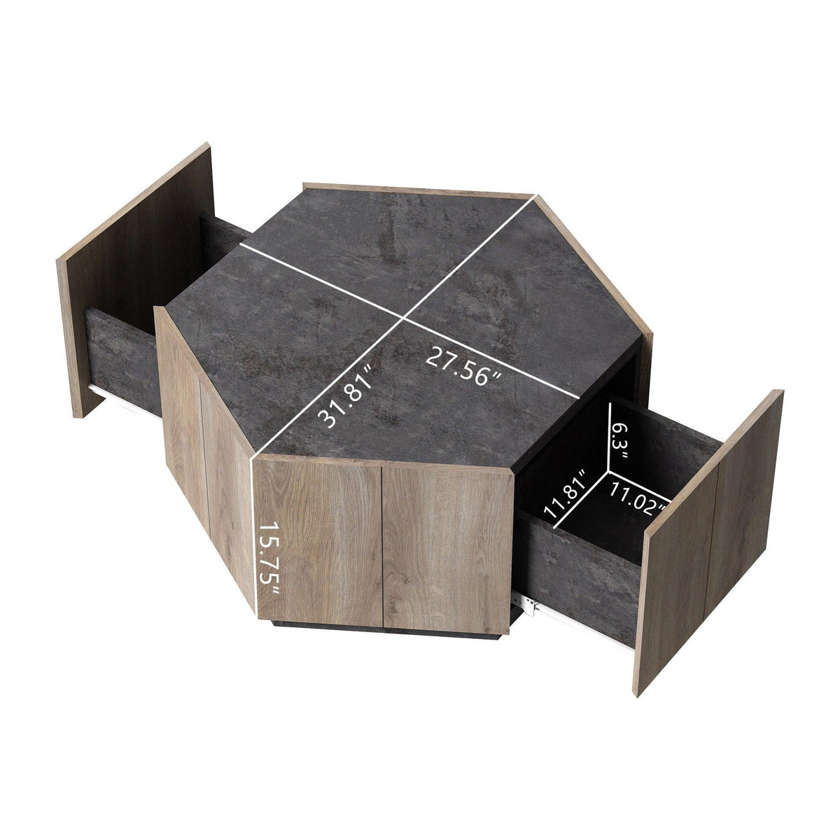 Hexagonal Coffee Table with 2 Drawers, Textured Black Warm Oak G8604