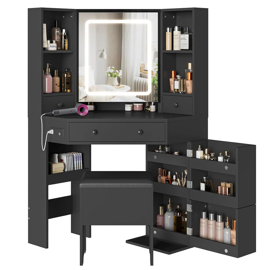 Black Makeup Desk with Lighted Mirror and Charging Station U266364