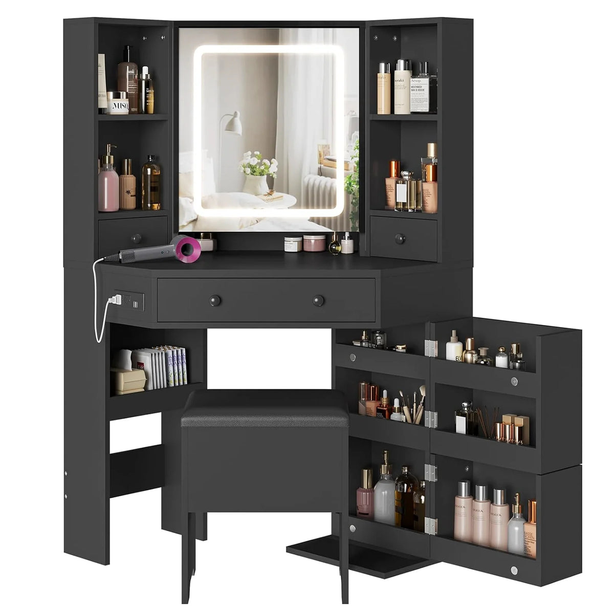 Black Makeup Desk with Lighted Mirror and Charging Station U266364