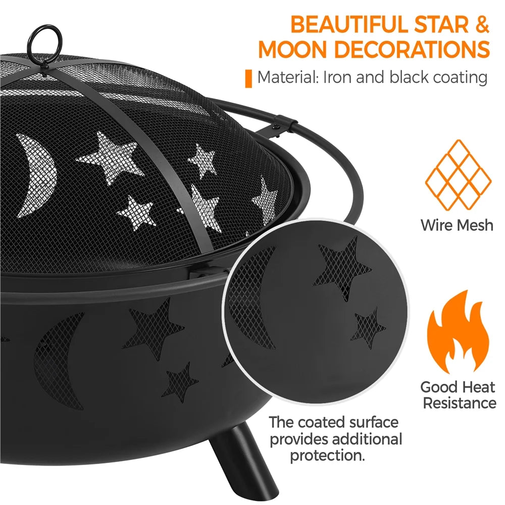 Black Iron Fire Pit with Poker Mesh Cover X9327