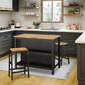 3 Piece Black Wood Dining Table Set with 2 Stools Y48484