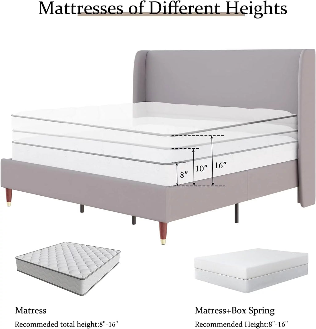 King Size White Linen Upholstered Platform Bed with Wingback Headboard Z402
