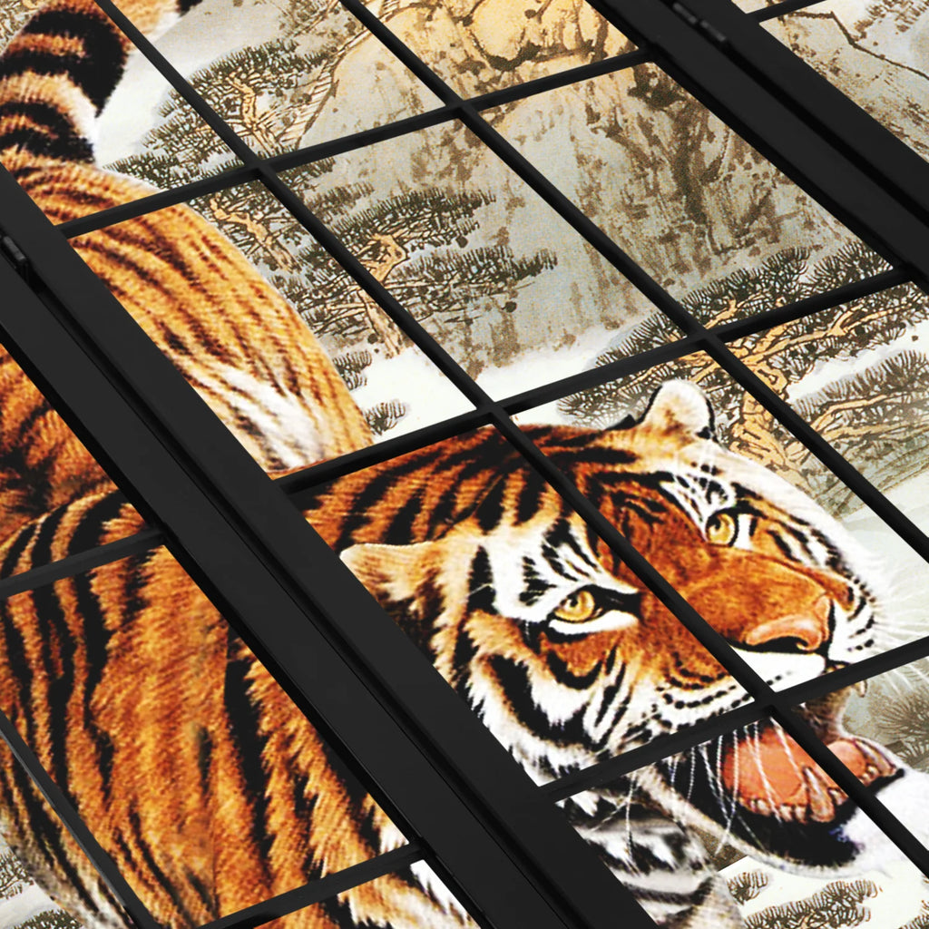 Black 4 Panel Tiger Pattern Wooden Room Divider O31737