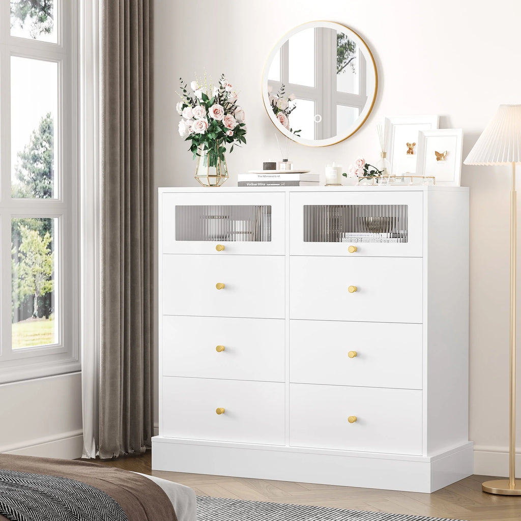 White 8 Drawer Wood Dresser with Glass Doors H18568