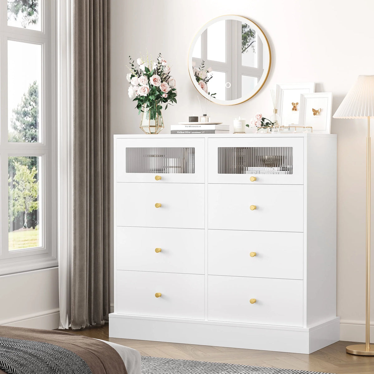 White 8 Drawer Wood Dresser with Glass Doors H18568