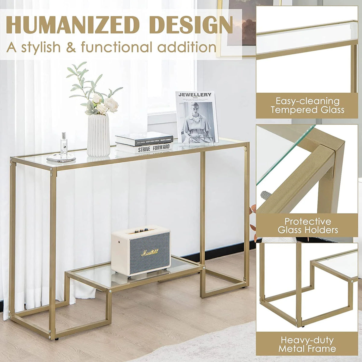 48” 2-Tier Console Table with Tempered Glass Tabletop & Golden Metal Frame X383