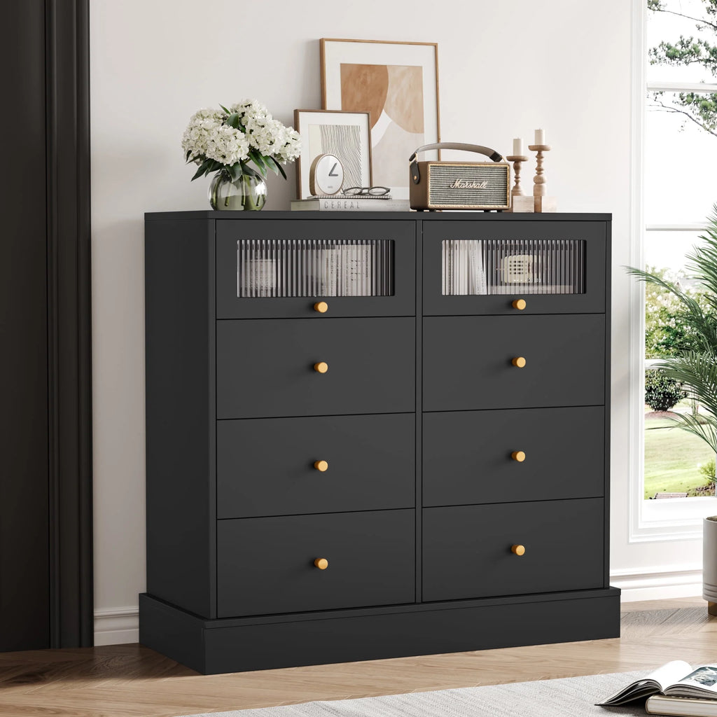 White 8 Drawer Wood Dresser with Glass Doors H18568