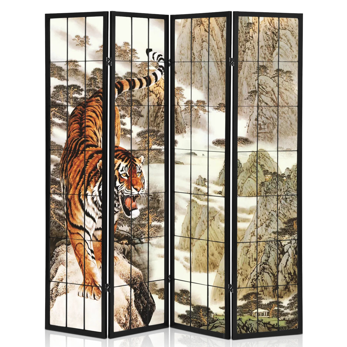 Black 4 Panel Tiger Pattern Wooden Room Divider O31737