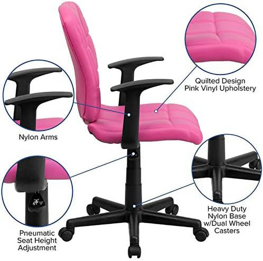 Pink Quilted Vinyl Swivel Office Chair with Arms B1783
