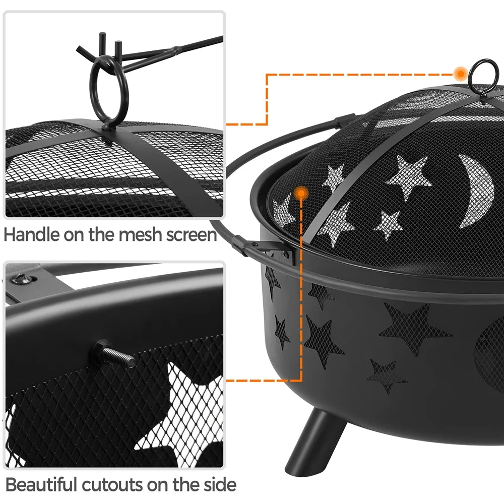 Black Iron Fire Pit with Poker Mesh Cover X9327
