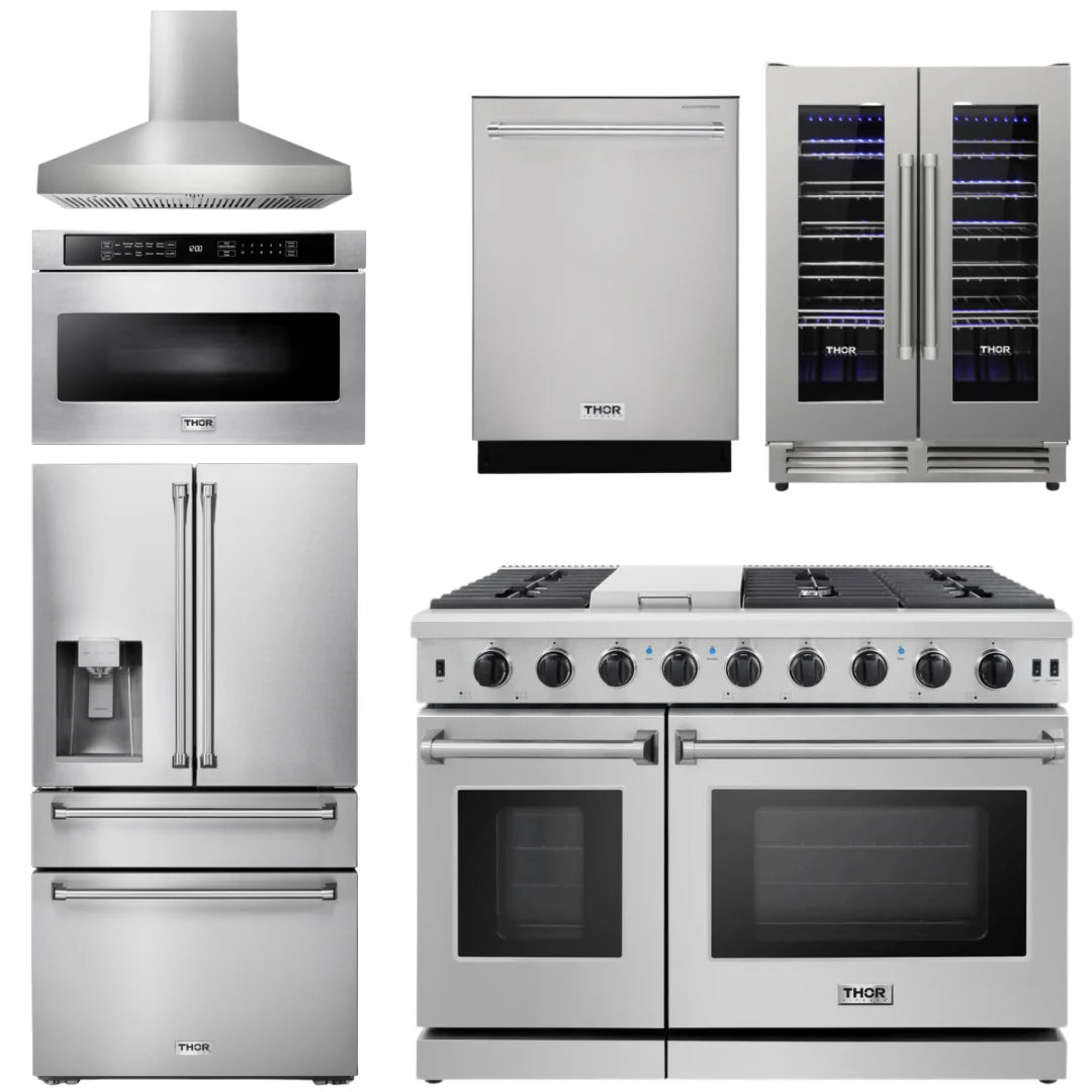 48 Propane Gas Range, Range Hood, Refrigerator with Water and Ice Dispenser, Dishwasher, Wine Cooler, Microwave I89385