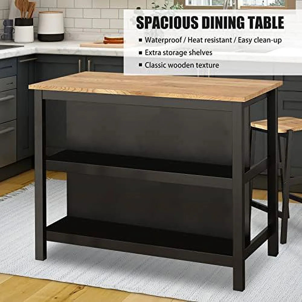 3 Piece Black Wood Dining Table Set with 2 Stools Y48484