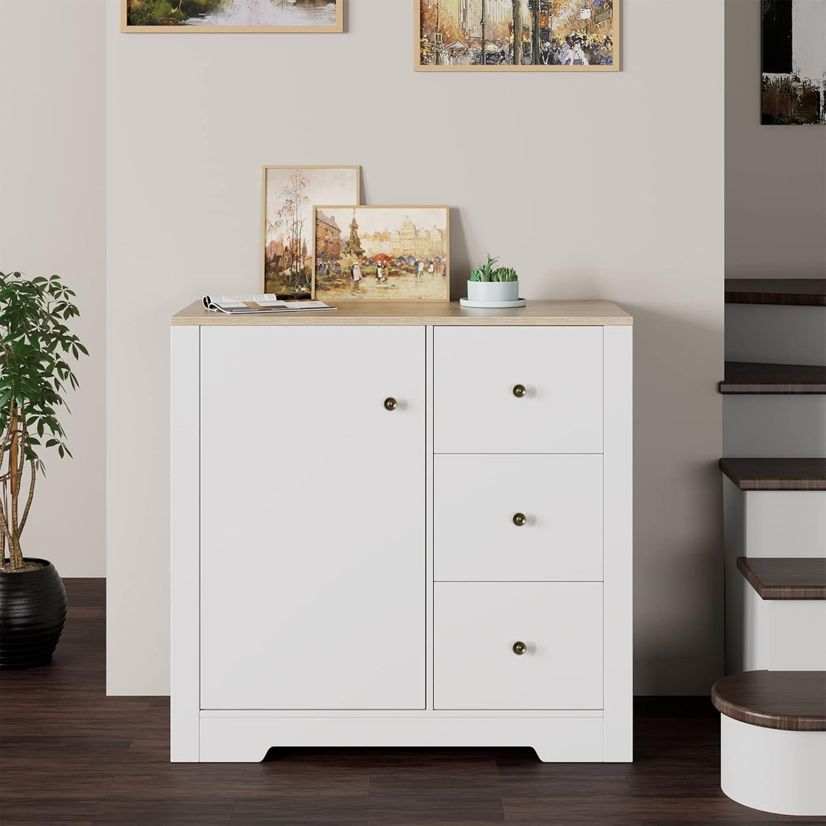White Oak 3 Drawer 1 Door Storage Cabinet P371