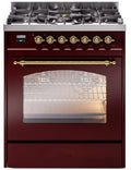 30 Dual Fuel Natural Gas Range in Burgundy with Brass Trim E368447