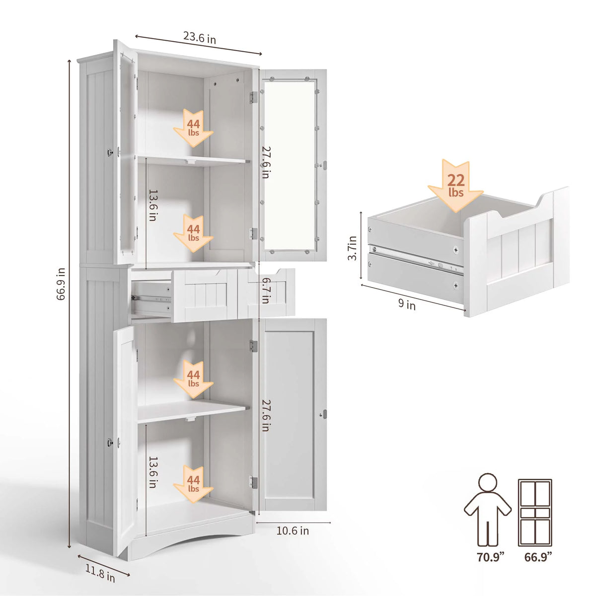 Tall White Kitchen Storage Cabinet with 2 Drawers A762193