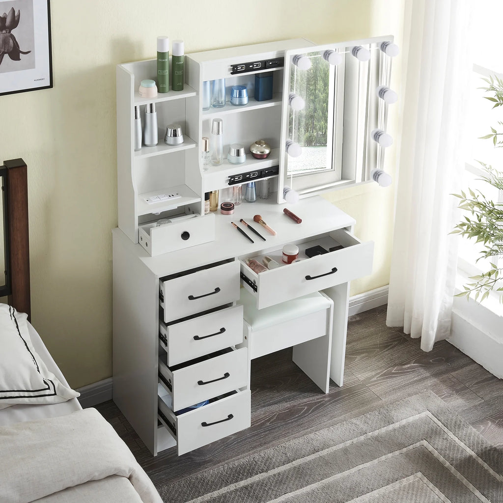 White Vanity Set with Mirror & Lights D802