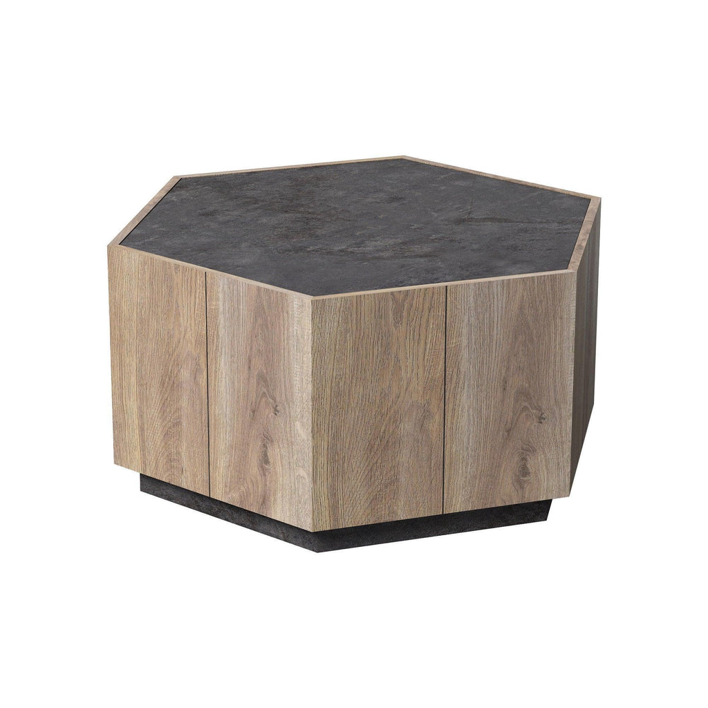 Hexagonal Coffee Table with 2 Drawers, Textured Black Warm Oak G8604